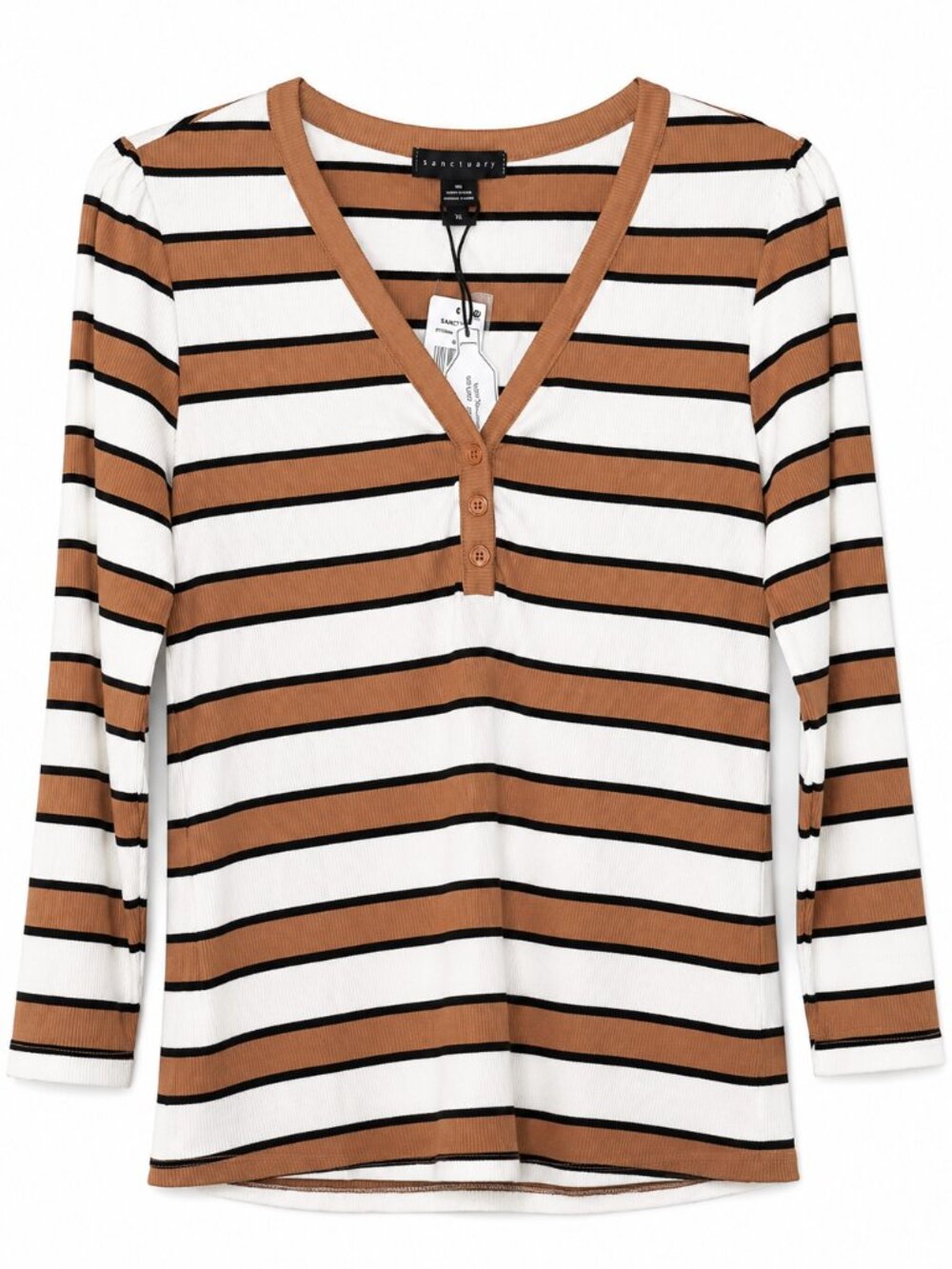 NWT Sanctuary Striped Ribbed Henley V-Neck Top XL Brown Cream Black
